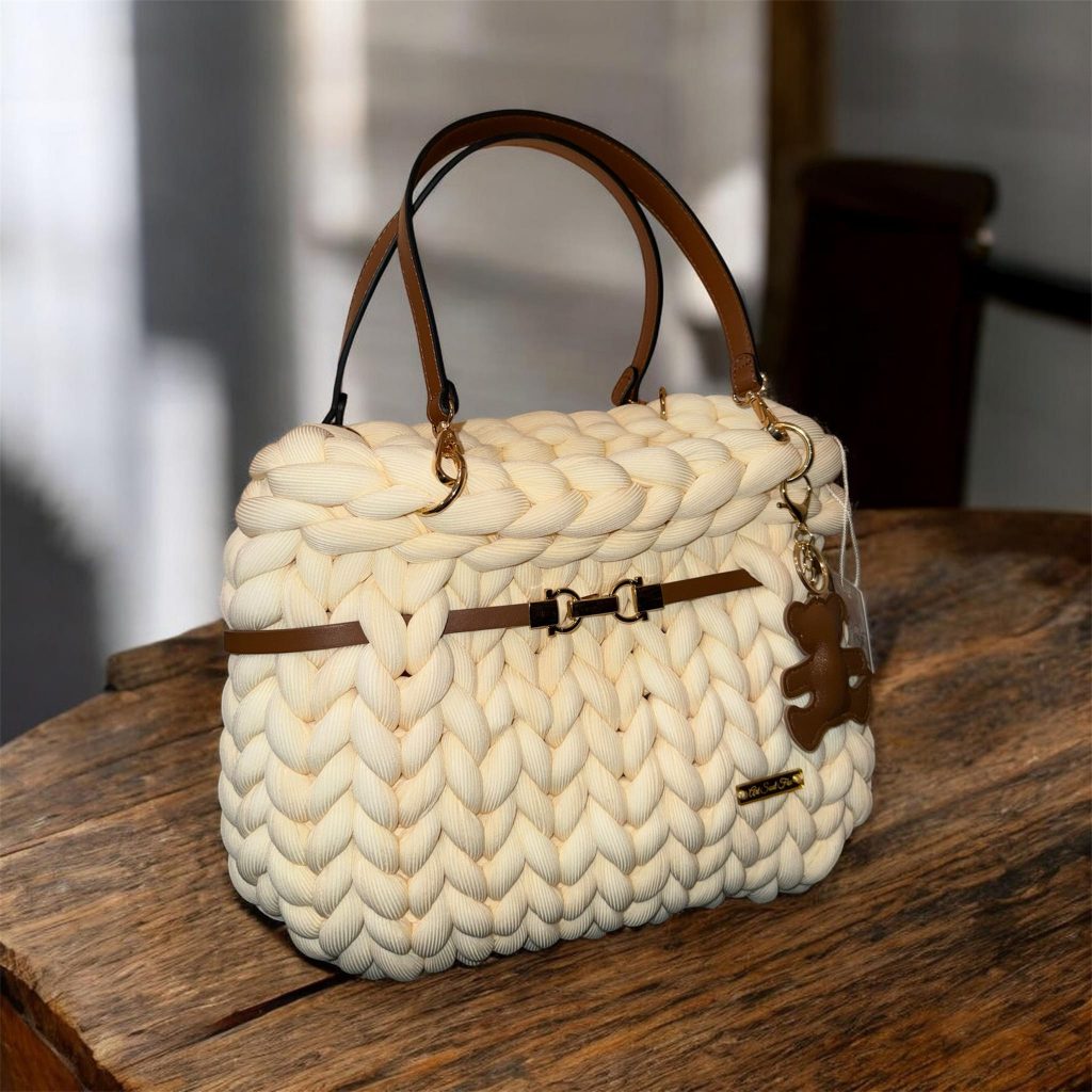 Fox Prestige cream handmade bag Fox Atelier handmade woven bag in cream with brown handles, soft texture and elegant handcrafted details